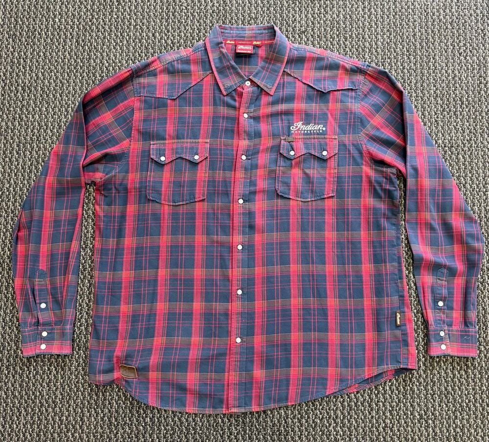 Indian Motorcycle Men's Script Logo Western Plaid Shirt Red/Blue Cotton Size 2XL
